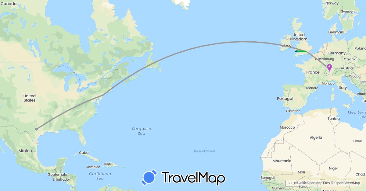 TravelMap itinerary: driving, bus, plane, train in Switzerland, United Kingdom, United States (Europe, North America)